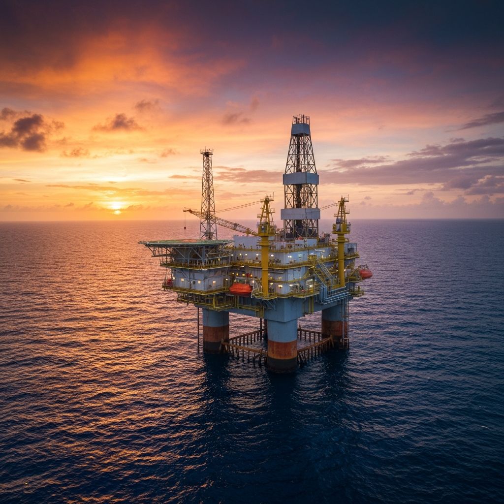 Offshore oil rig platform at sunset